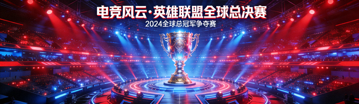 电竞风云模块横幅 - 英雄联盟全球总决赛舞台全景，巨型奖杯与绚丽灯光