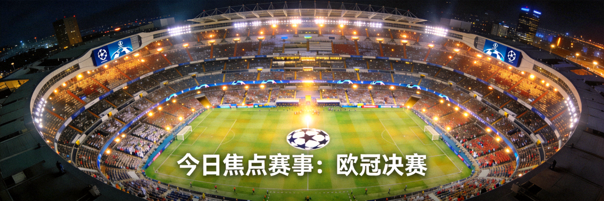 今日焦点赛事全景图 - 欧冠决赛球场鸟瞰，灯光璀璨，座无虚席