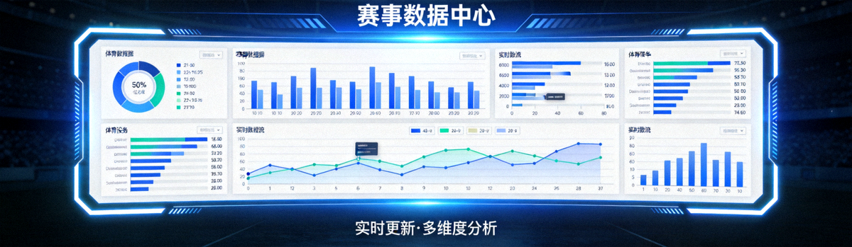 赛事数据中心模块横幅 - 体育数据分析大屏幕，展示各种图表与数据流